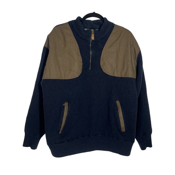 Orvis Wool Lined Windproof Sweater Mens XXL 1/4 Zip Navy Shoulder Patches Elbow - Picture 1 of 16